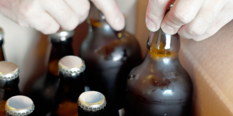 A close-up shot of a person's hands carefully placing brown glass beer bottles with silver caps into a cardboard shipping box.