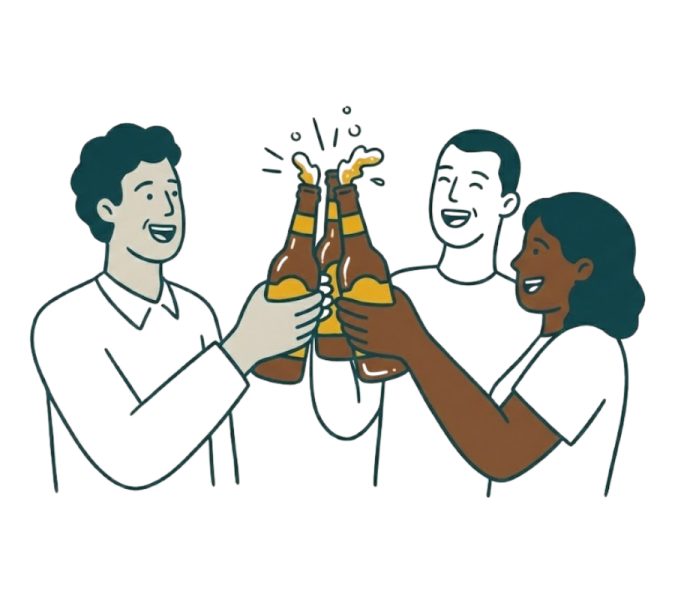 A stylized, flat-design graphic illustration of three smiling friends clinking brown beer bottles together in celebration, set against a light beige background.